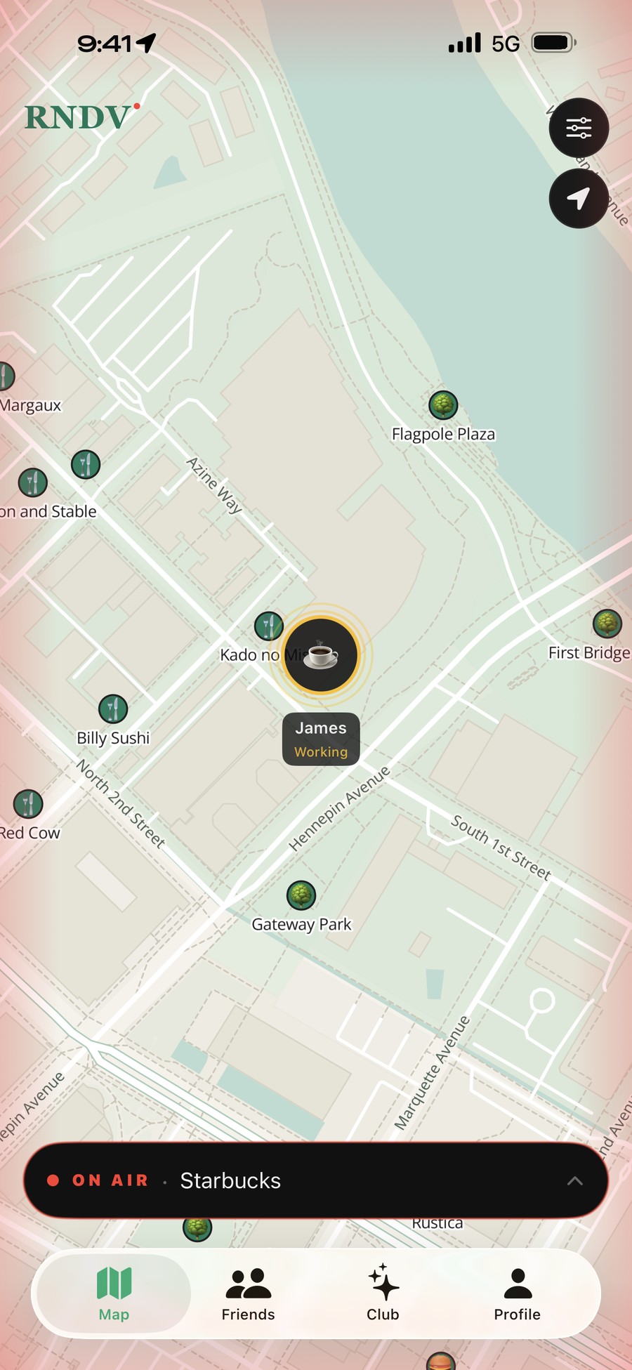 The RNDV map — a member on the air at Starbucks, with venues and other members across the city.